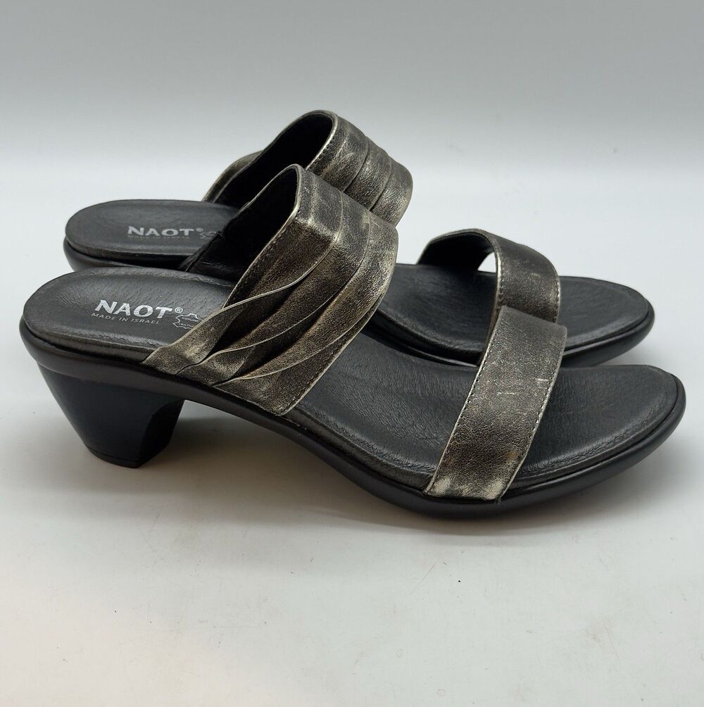 Naot Isis Ruched Leather Strap Sandals Women's 6 Metallic Pewter Slip On Heel